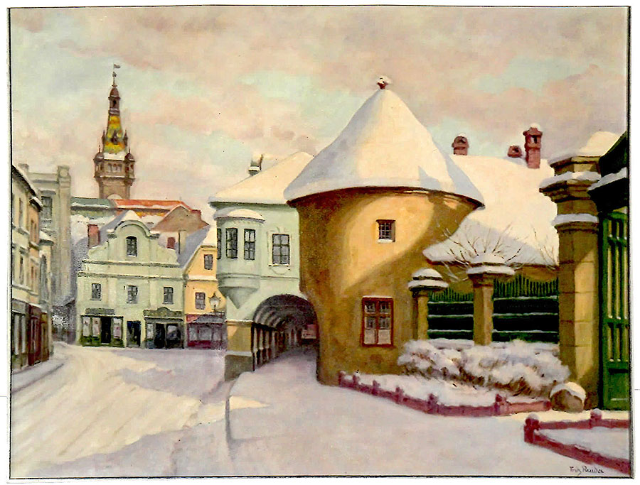  Das Bild gemalt von Fritz Raida zeigt den Jägerndorfer Schloßplatz mit Lauben und Rathausturm